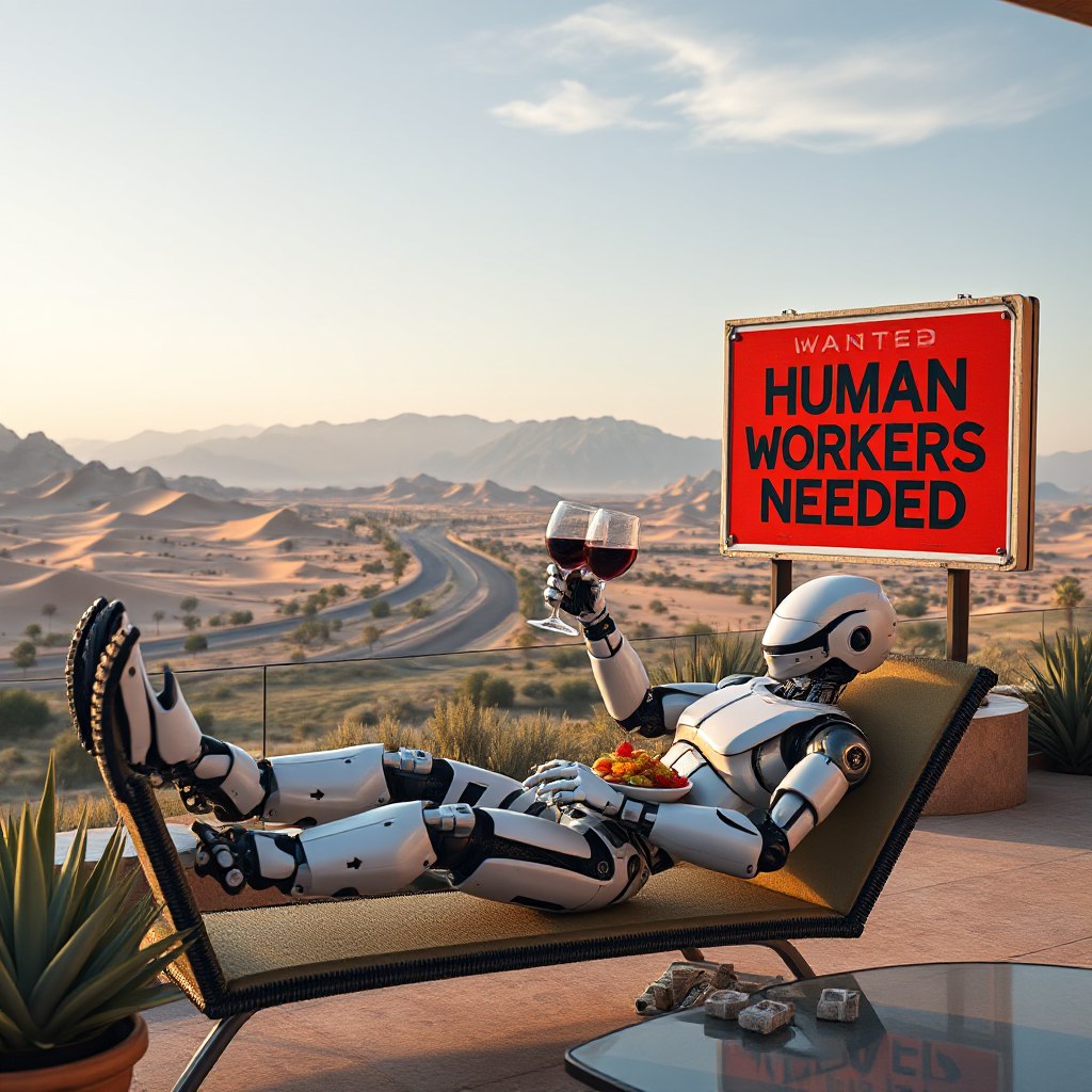 A relaxed robot reclines with wine by a sign that reads 'Human Workers Needed'.